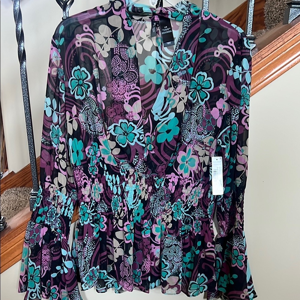 Bisou Bisou Blue and Pink Long Sleeve Wrap Blouse